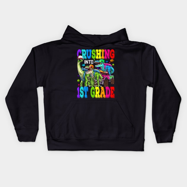 Crushing Into 1st Grade Monster Truck Dinosaur T Rex Kids Hoodie by eyelashget